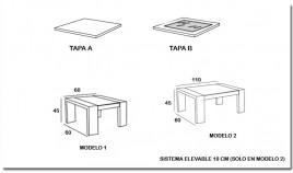 Mesa de centro elevable con posibilidad de tapa en madera o cristal Ref MCR36000