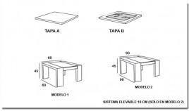 Mesa de centro elevable cuadrada con posibilidad de tapa en madera o cristal Ref MCR38000