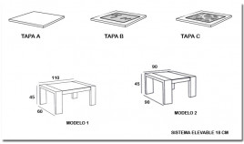 Mesa de centro elevable con posibilidad de tapa en madera o cristal Ref MCR11000